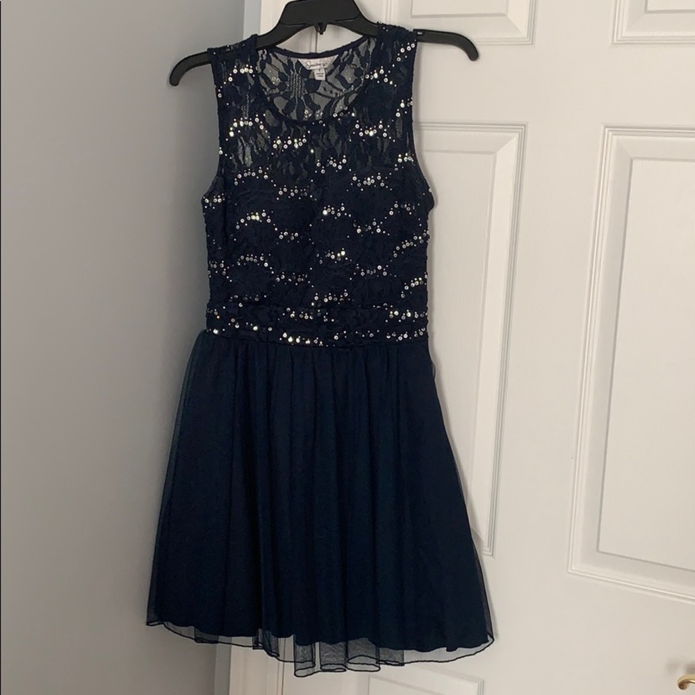 Short navy blue and sequin homecoming dress